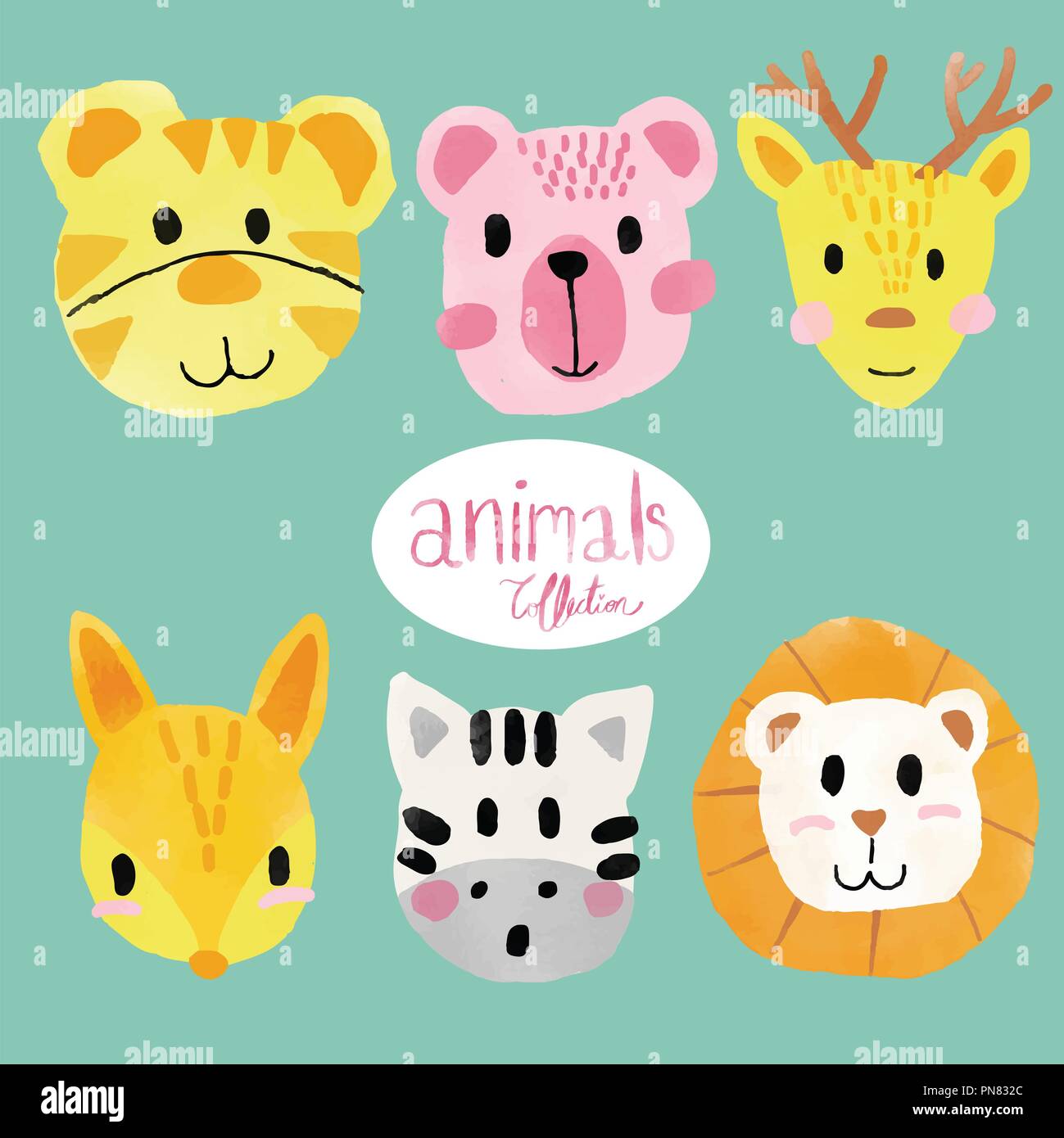 Animal mignon aquarelle visages, lion, tigre, ours, cerf, cheval, fox Illustration de Vecteur