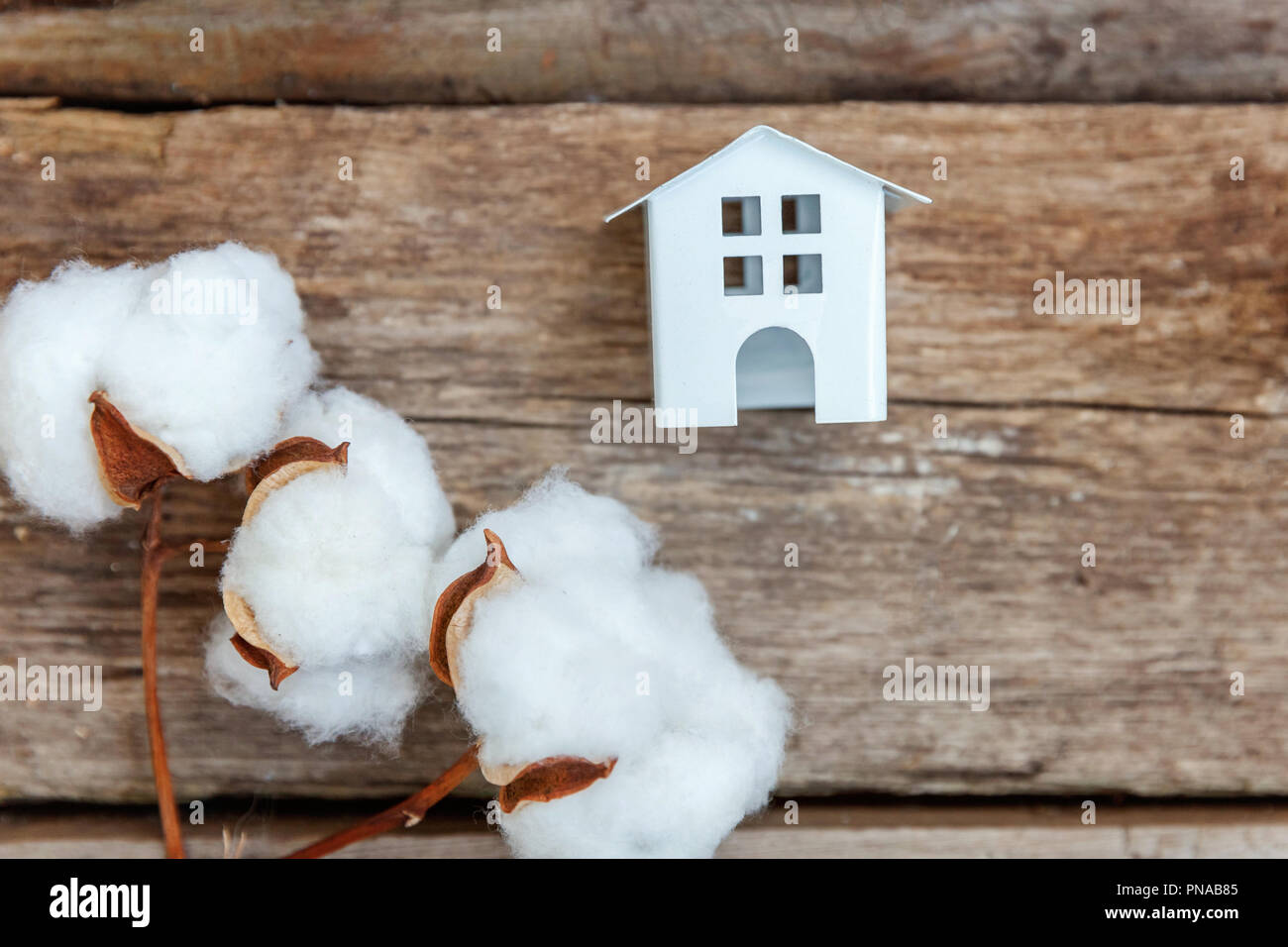 Maison miniature toy blanc en coton avec des fleurs sur un fond de bois rustique vieux millésime, l'espace libre pour le texte. L'hypothèque l'assurance de biens immobiliers Banque D'Images
