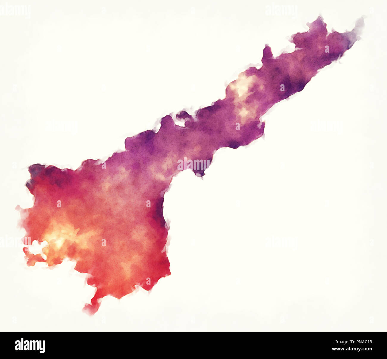 L'Andhra Pradesh Etat fédéral aquarelle carte de l'Inde devant un fond blanc Banque D'Images