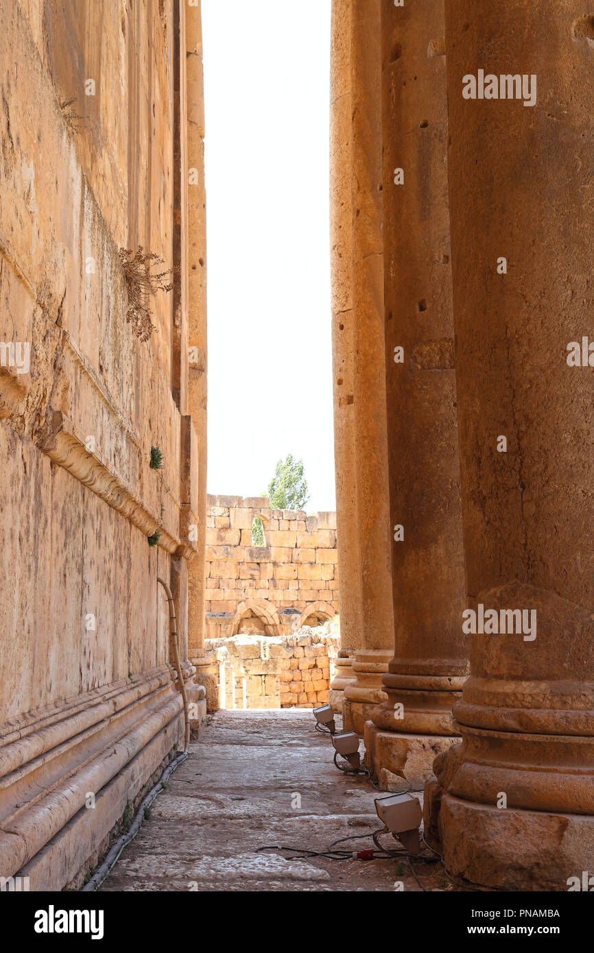 Ruines Romaines de Baalbek, LIBAN - détails des colonnes soutenant le temple romain ceiiling Banque D'Images