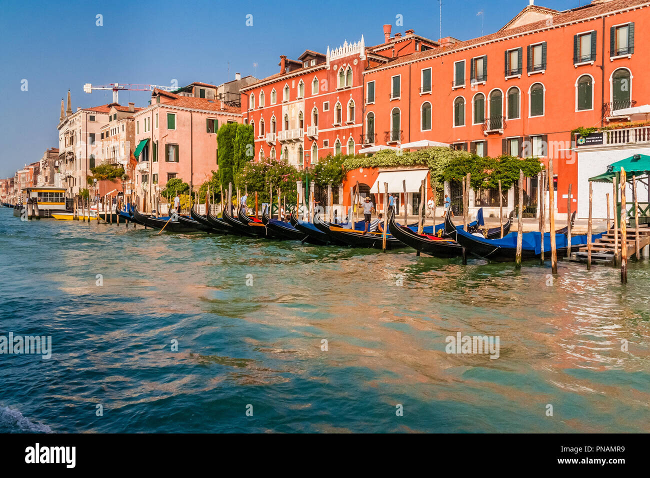 Grand Canal, Venise, Italie montrant gondolas garées en face de bâtiments historiques. Banque D'Images