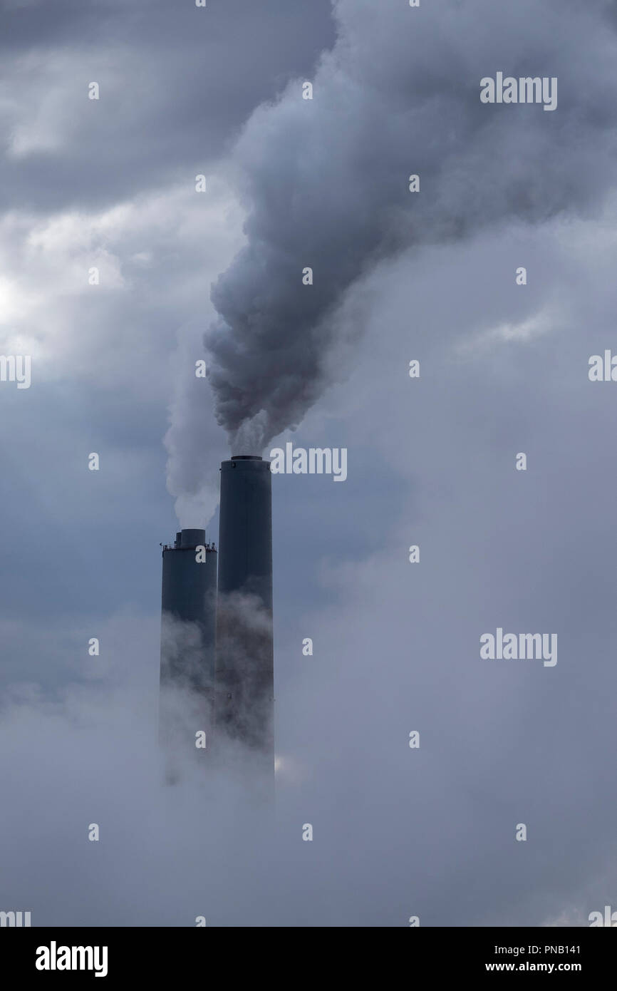 Éructations nuages de vapeur au-dessus d'une centrale électrique au charbon Banque D'Images