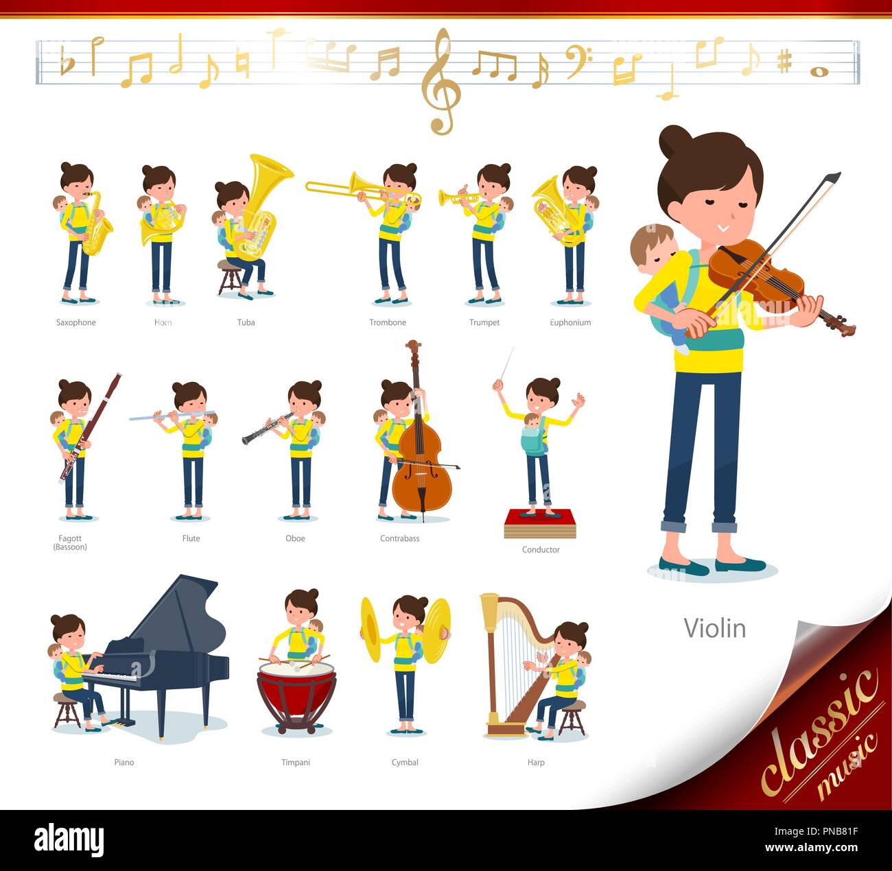 Un Ensemble De Femme Tenant Un Bebe Sur Musique Classique Il Y A Des Mesures A Jouer De Divers Instruments Tels Que Les Instruments A Cordes Et Instruments A Vent Image Vectorielle Stock