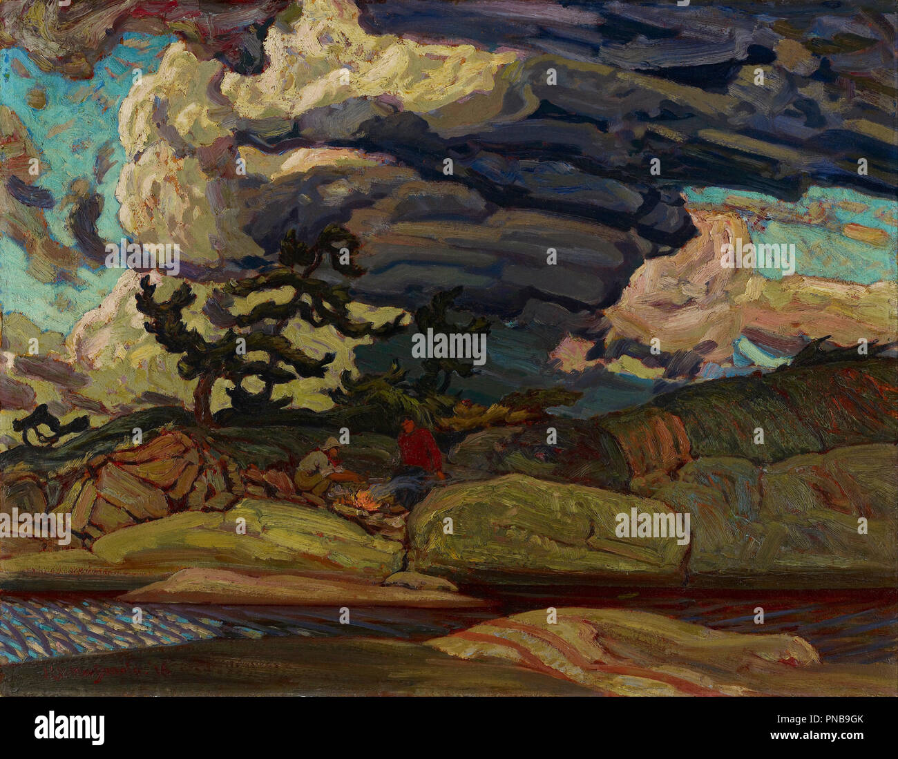 Les éléments. Date/période : 1916. La peinture. Huile sur bois de pâte-conseil. Largeur : 91,8 cm. Hauteur : 71,1 cm (l'ensemble). Auteur : J. E. H. MACDONALD. Banque D'Images