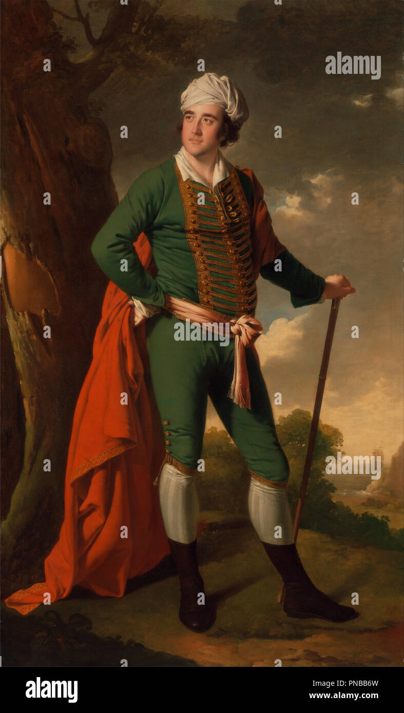 Portrait d'un homme, connu sous le nom de "Capitaine Indien'. Date/Période : Ca. 1767. La peinture. Huile sur toile. Hauteur : 2 292 mm (90.23 in) ; largeur : 1 384 mm (54.48 in). Auteur : Joseph Wright of Derby. Banque D'Images