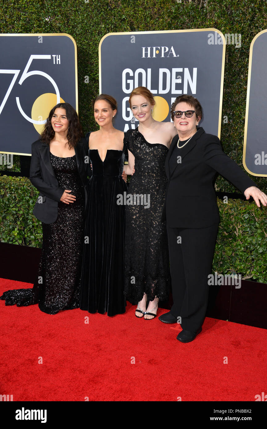 America Ferrera, Natalie Portman, Emma Stone & Billie Jean King à la 75e Assemblée Golden Globe Awards au Beverly Hilton Hotel, Los Angeles, USA 07 janv. 2018 Banque D'Images