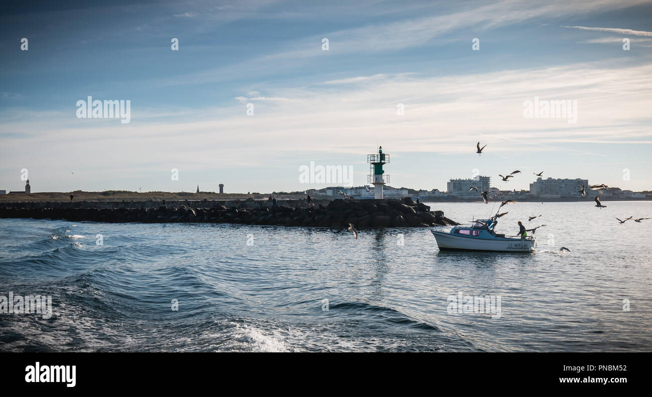 Saint Gilles Croix de Vie, France - 16 septembre 2018 : petit bateau de pêche entrant dans le port accompagné de mouettes sur une journée d'été Banque D'Images