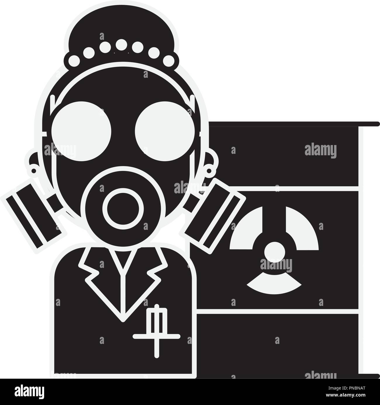 Femme scientifique avec masque de protection danger rayonnement baril Illustration de Vecteur