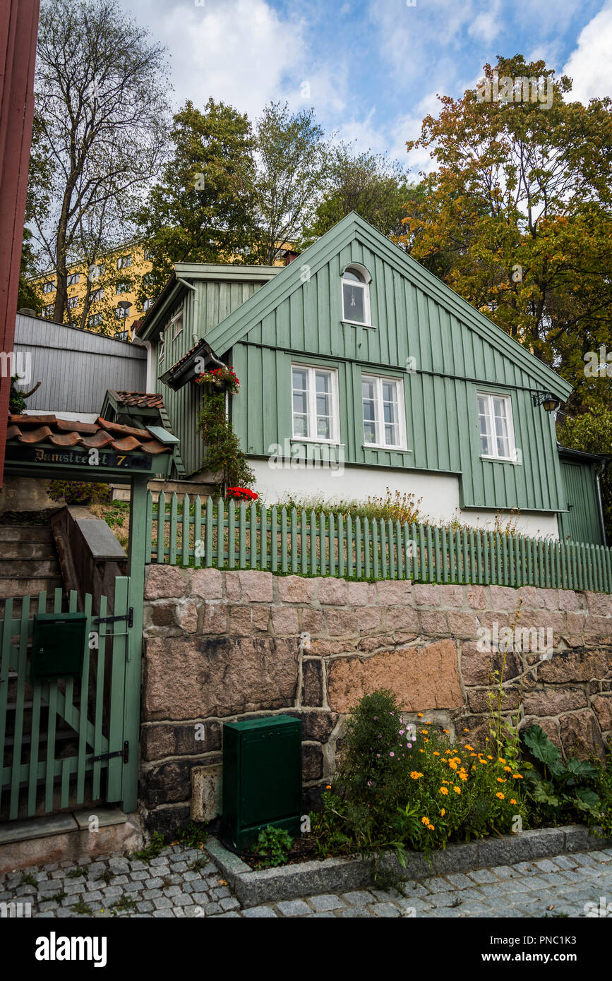 Damstredet quartier, connu pour quirky 18e siècle maisons en bois, Oslo, Norvège Banque D'Images