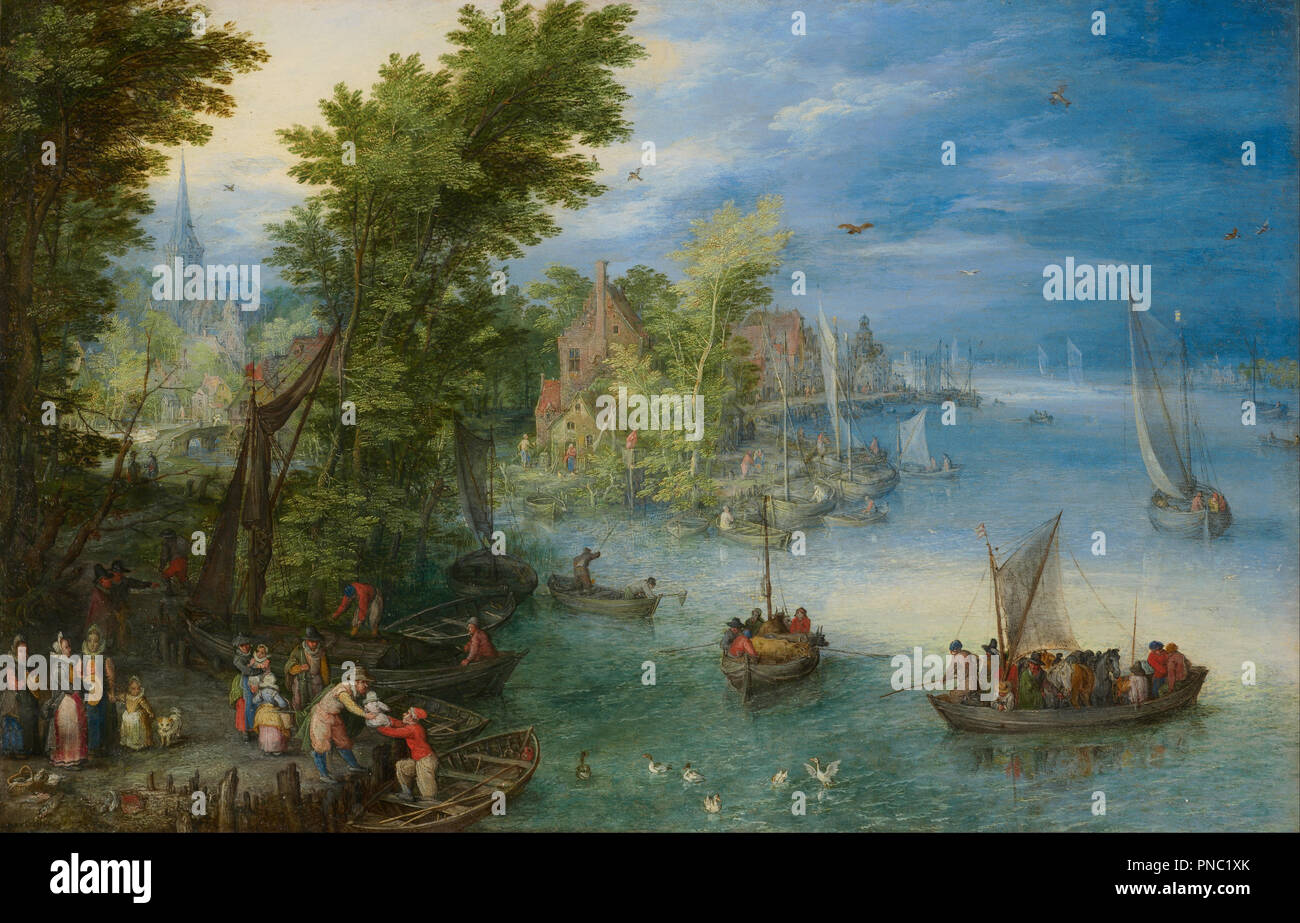 Paysage de la rivière. Date/période : 1607. La peinture. Huile sur cuivre. Hauteur : 20,7 cm (8,1 po) ; largeur : 32.1 cm (12.6 in). Auteur : Brueghel l'Ancien, jan. Banque D'Images