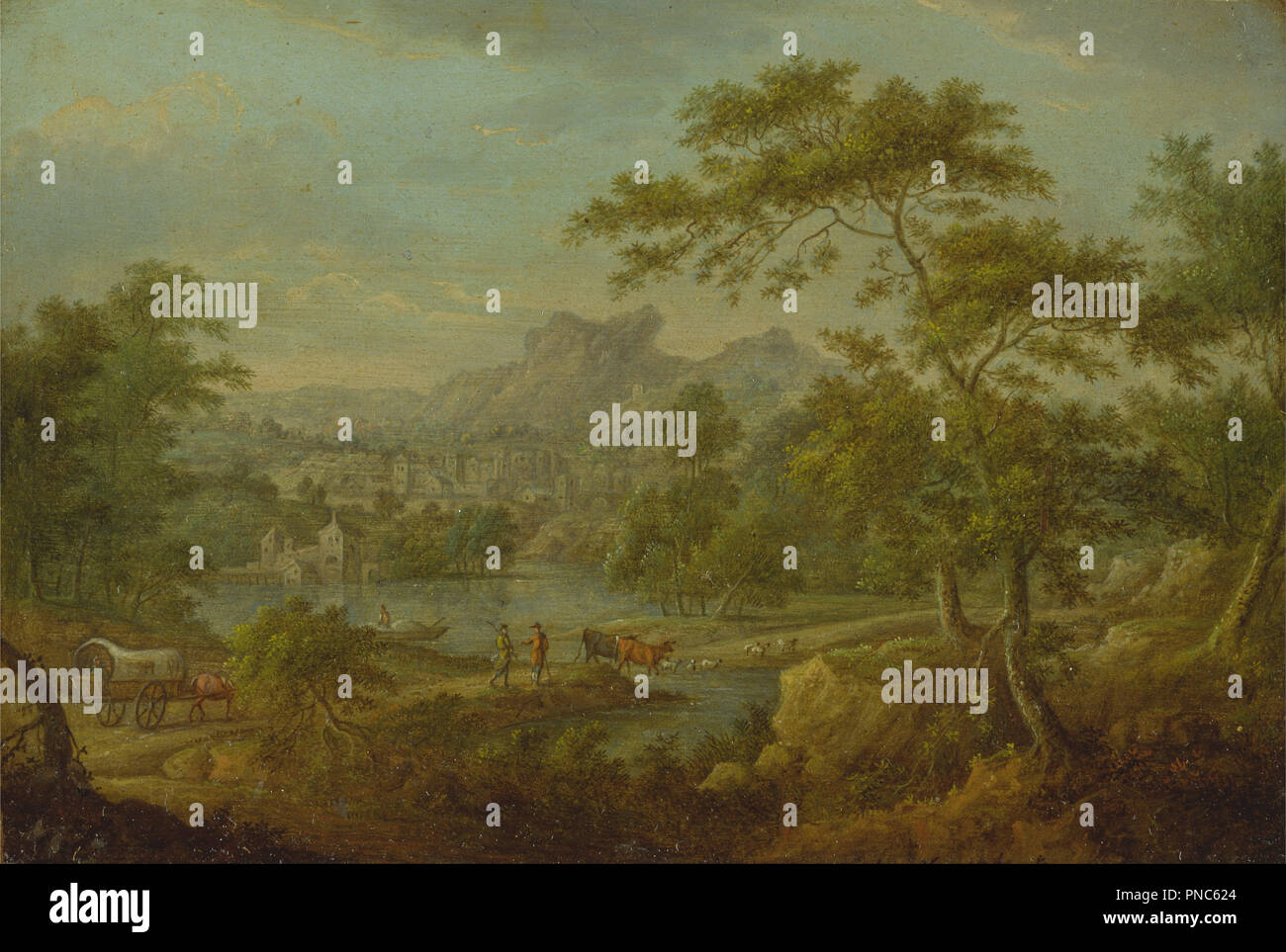 Un paysage imaginaire avec un chariot et une vue lointaine d'une ville. Date/Période : Ca. 1749. La peinture. Huile sur cuivre. Hauteur : 124 mm (4,88 in) ; Largeur : 183 mm (7,20 in). Auteur : Thomas Smith de Derby. Banque D'Images