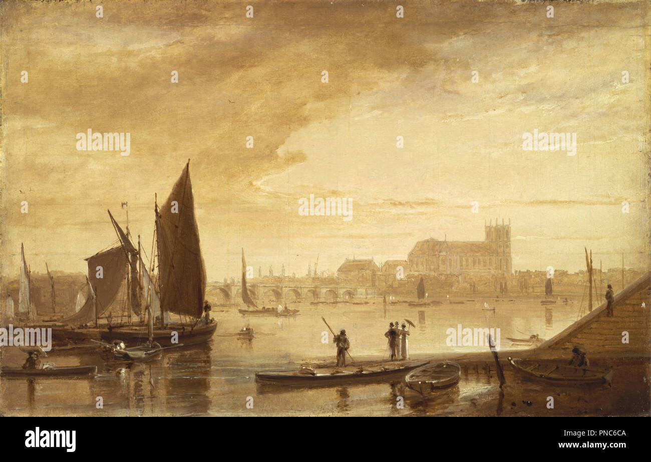 Le pont de Westminster et l'abbaye. Date/période : 1813. La peinture. Huile sur carton. Hauteur : 306 mm (12.04 in) ; Largeur : 475 mm (18,70 po). Auteur : William Daniell. Banque D'Images Le pont de Westminster et l'abbaye. Date/période : 1813. La peinture. Huile sur carton. Hauteur : 306 mm (12.04 in) ; Largeur : 475 mm (18,70 po). Auteur : William Daniell. Banque D'Images