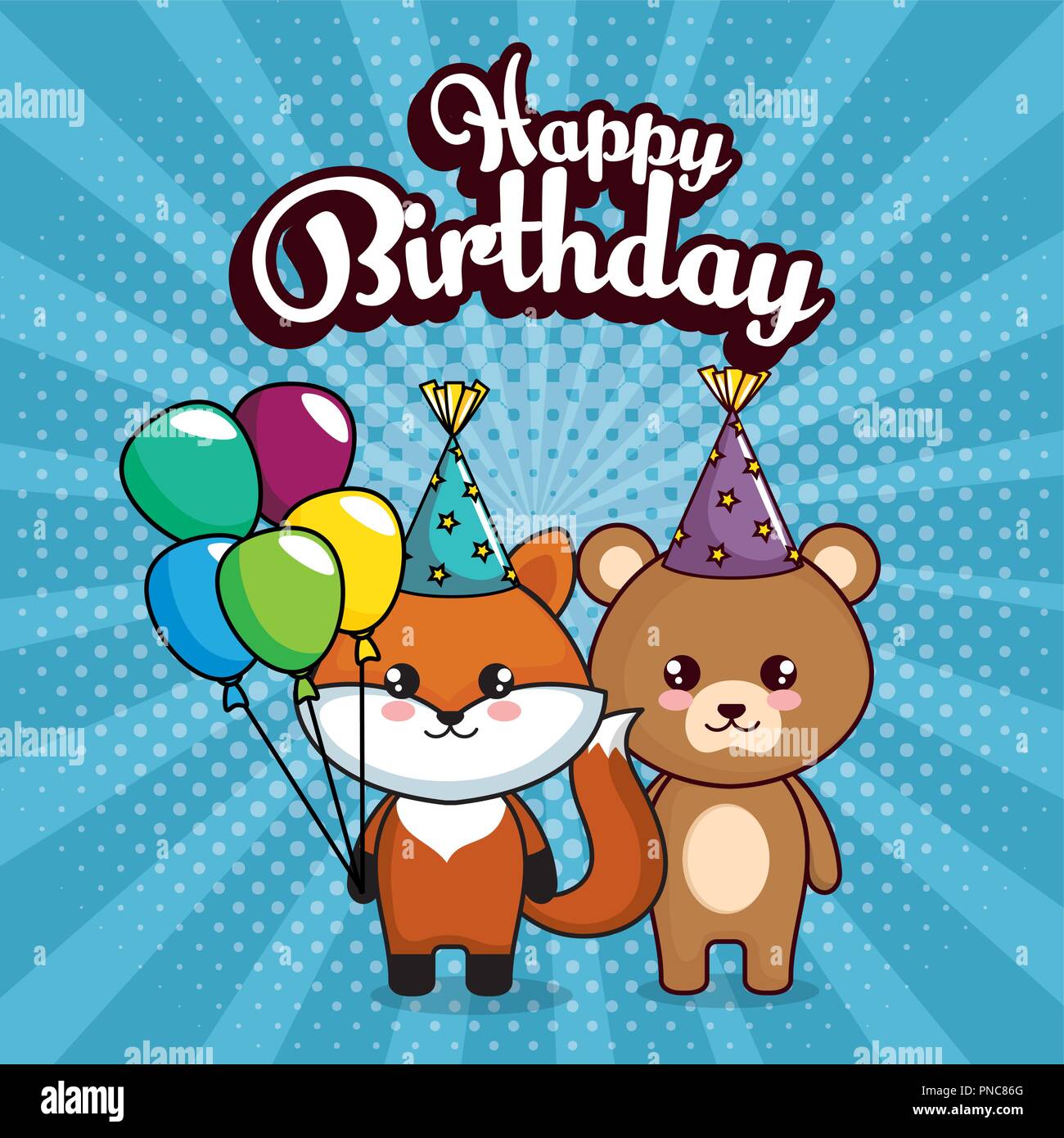 Joyeux Anniversaire Carte Avec Cute Fox Et L Ours Image Vectorielle Stock Alamy
