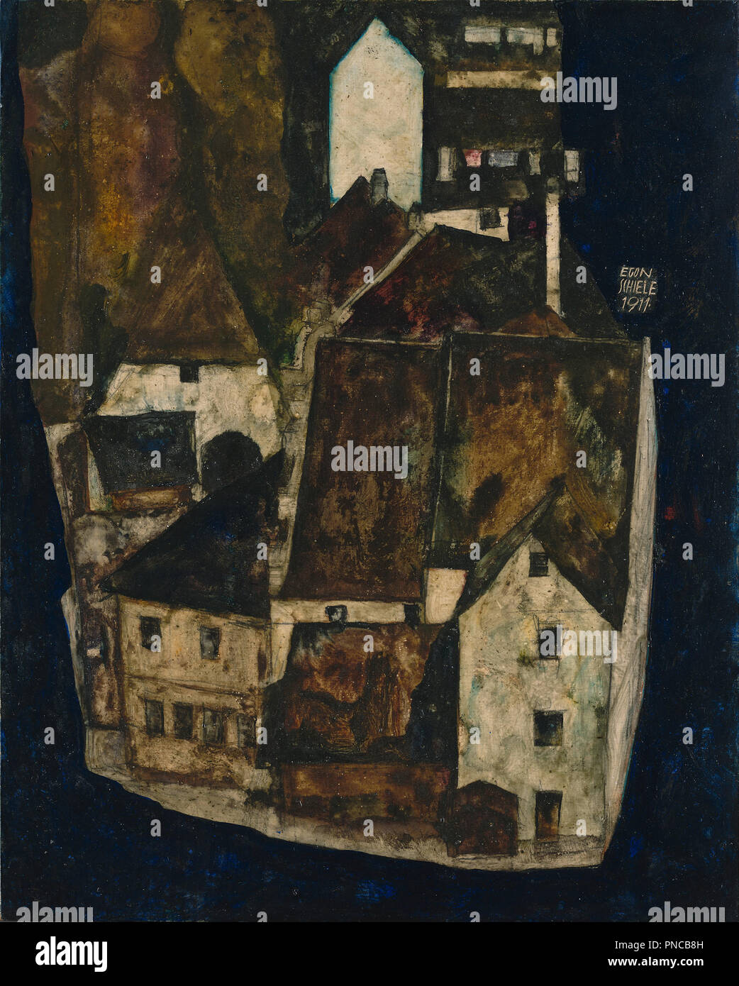 'Tote Stadt' III ('Stadt am blauen Fluss III') ville morte III (Ville sur la Rivière Bleue III). Date/période : 1911. La peinture. Hauteur : 373 mm (14.68 in) ; Largeur : 298 mm (11.73 in). Auteur : Egon SCHIELE. SCHIELE, EGON. Banque D'Images