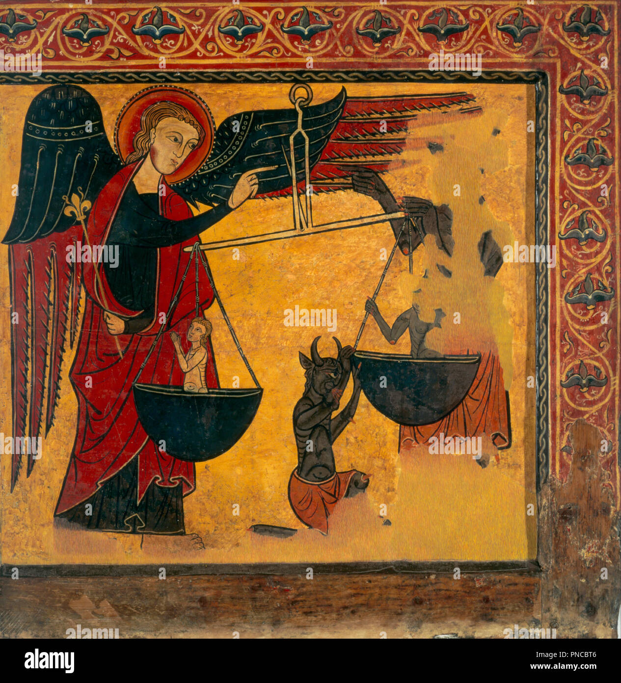 Saint Michel pesant les âmes. Date/Période : début de 14e siècle. La peinture. Tempera sur bois de pin sylvestre. Hauteur : 1 030 mm (40.55 in) ; largeur : 1 000 mm (39.37 in). Auteur : Maître de Soriguerola. Banque D'Images