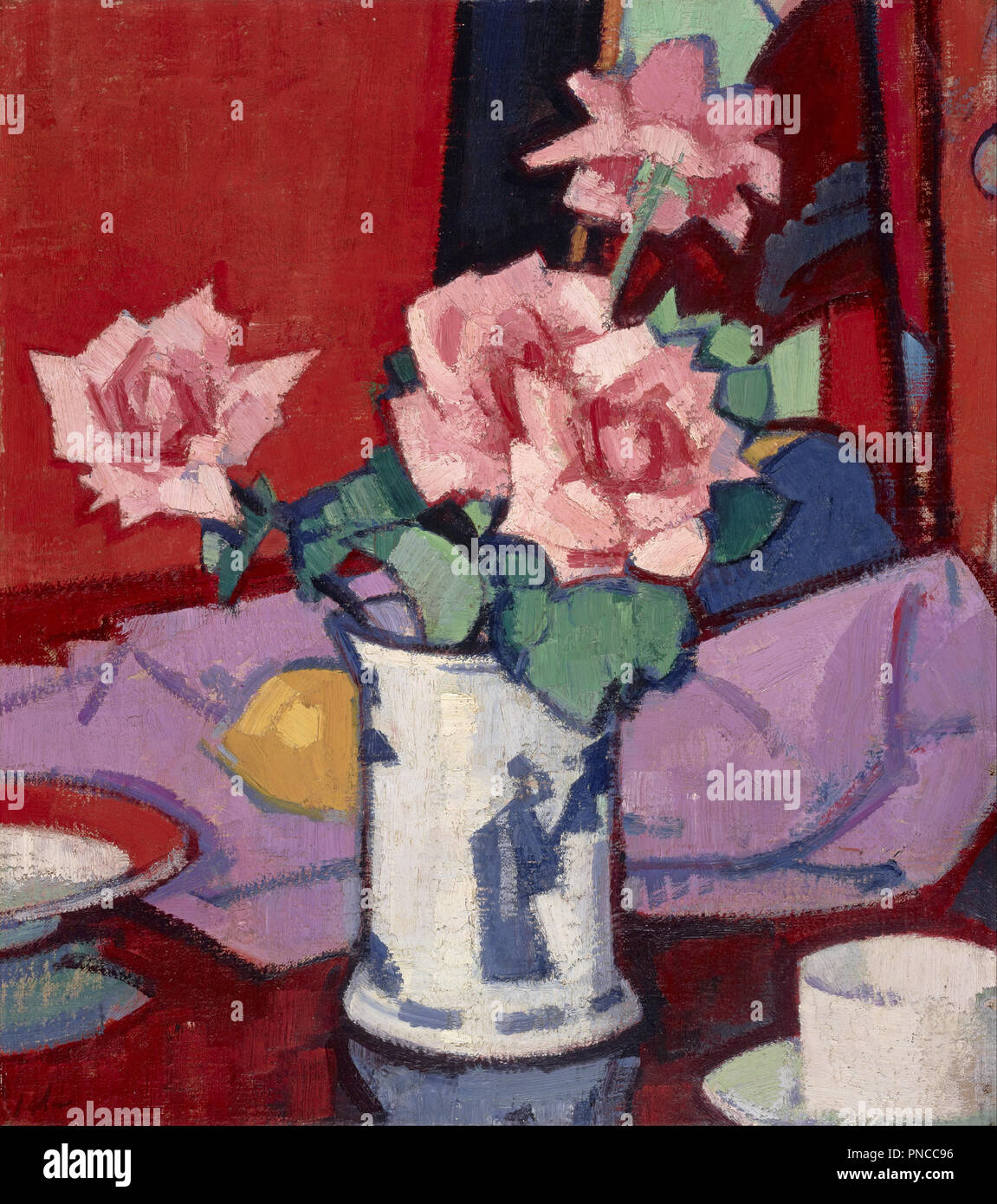 Roses roses, Vase chinois. Date/période : 1916. La peinture. Huile sur toile. Hauteur : 457 mm (17,99 po) ; Largeur : 410 mm (16.14 in). Auteur : Samuel John Peploe. Banque D'Images