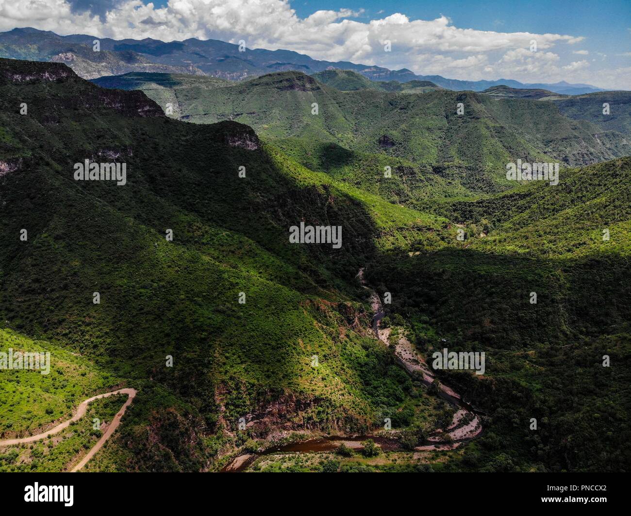 Vista aerea. Verde Paisaje y arroyo en un dia nublado, durante Expedición en Madrense Découverte La Mesa Tres Rios, Sonora au Mexique. La Sierra Madre Occiden Banque D'Images