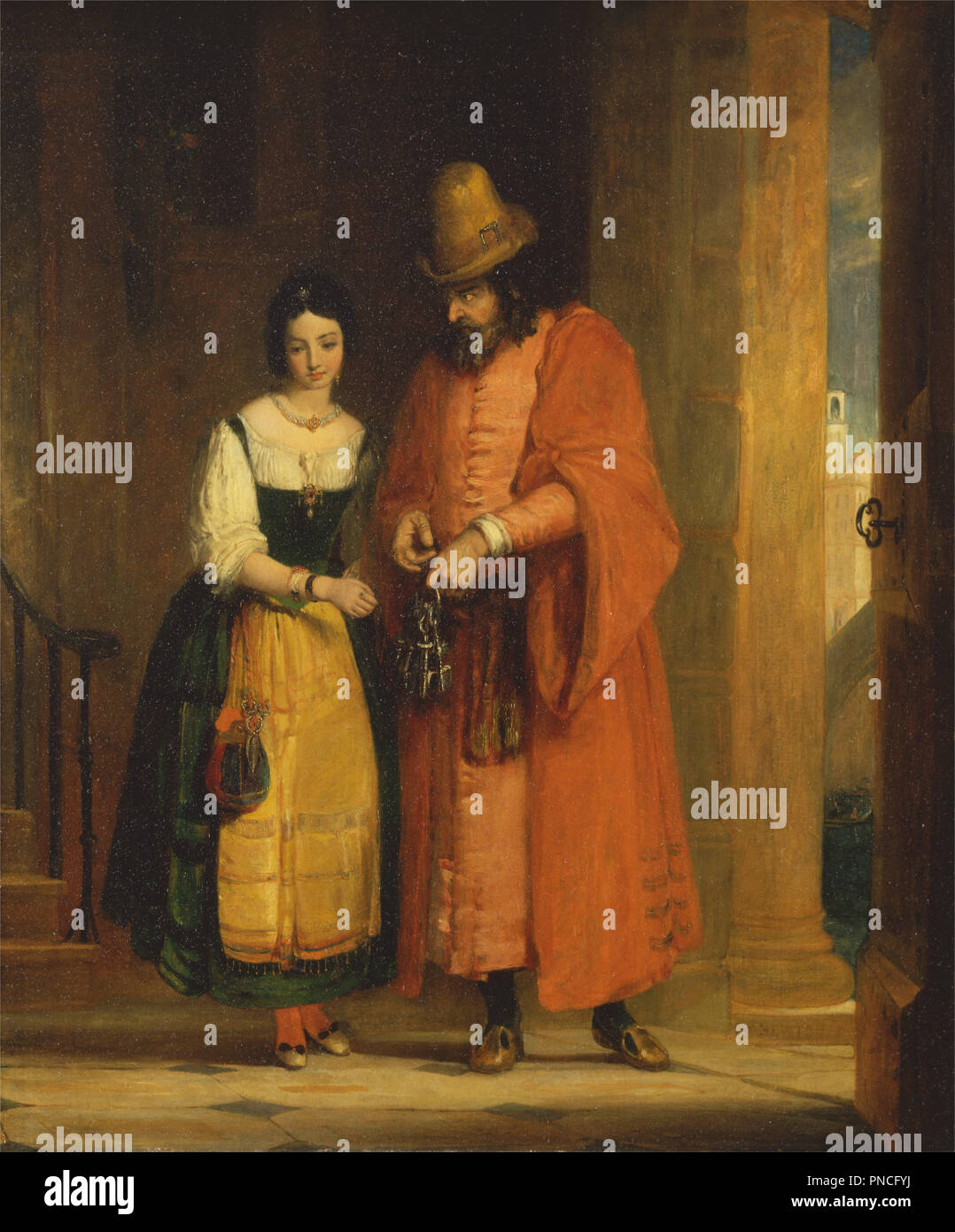 Shylock et Jessica de la 'Merchant de Venise, l' II, ii. la date/période : 1830. La peinture. Huile sur toile. Hauteur : 889 mm (35 in) ; Largeur : 749 mm (29.48 in). Auteur : Gilbert Stuart Newton. Banque D'Images