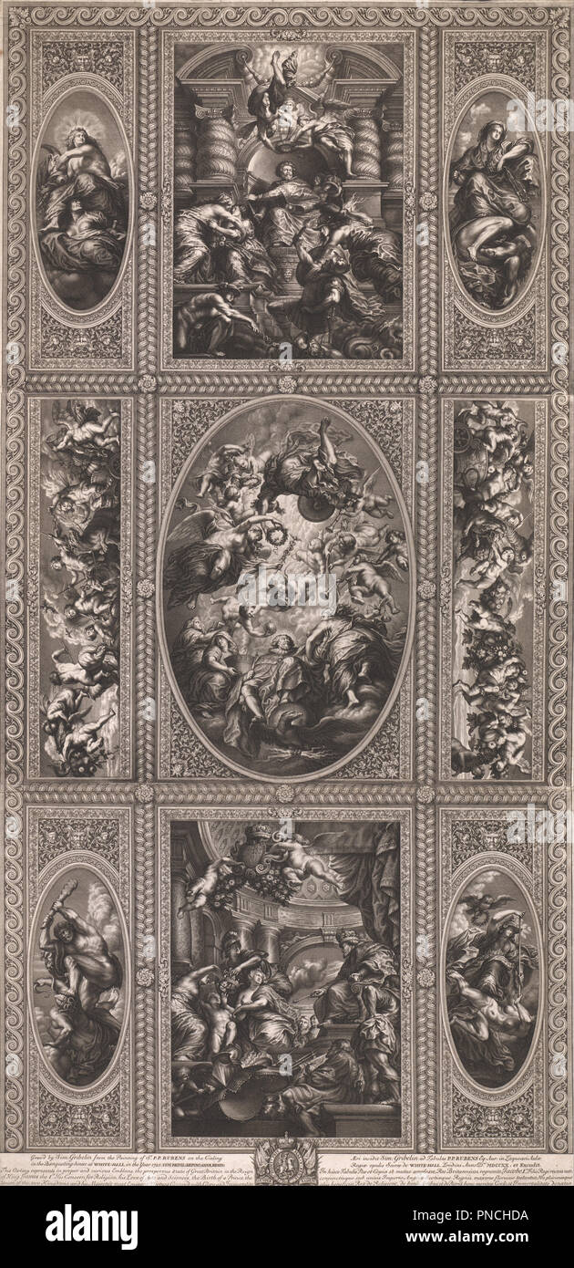 À partir de la peinture du plafond dans le Banqueting House à White-Hall dans l'année 1720. Date/Période : Ca. 1720. La gravure. Hauteur : 924 mm (36,37 po) ; Largeur : 460 mm (18.11 in). Auteur : Simon Gribelin. Banque D'Images