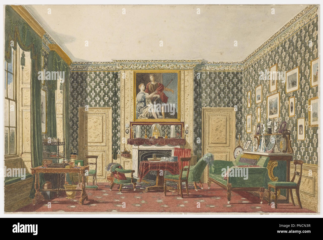 Un intérieur. Date/Période : 1837-40. Dessin. Pinceau et aquarelle, mine de plomb sur papier vélin blanc cassé. Auteur : MARY ELLEN MEILLEUR. Banque D'Images