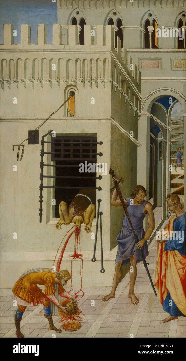 La décapitation de Saint Jean Baptiste. Date/Période : 1455/60. La peinture. Tempera sur panneau tempera sur panneau. Hauteur : 686 mm (27 in) ; Largeur : 391 mm (15.39 in). Auteur : Giovanni DI PAOLO. Banque D'Images