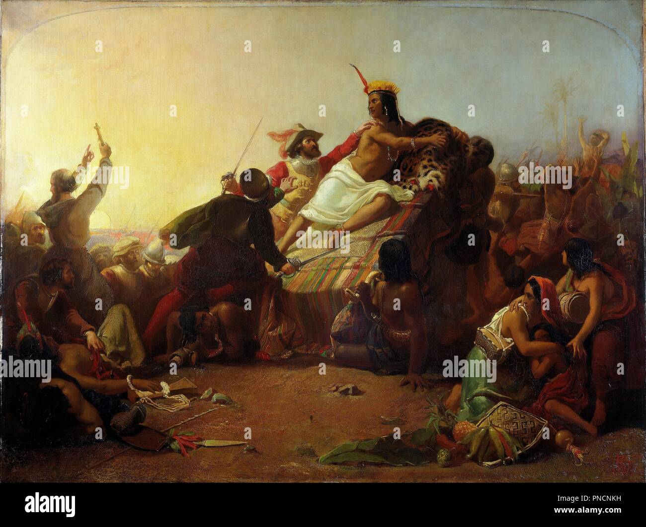 Pizarro saisissant l'Inca du Pérou. Date/période : 1846 (peint) - 1846. Peinture à l'huile. Auteur : Sir John Everett Millais,. Banque D'Images
