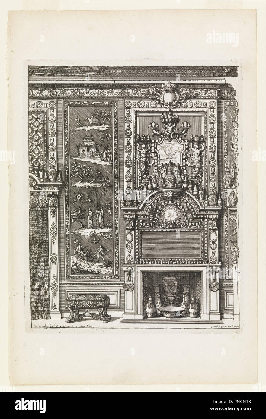Conception d'un mur de cheminée avec panneaux laqués et porcelaine. Date/Période : Ca. 1700. L'impression. La gravure sur papier vergé crème. Auteur : Daniel Marot. Banque D'Images