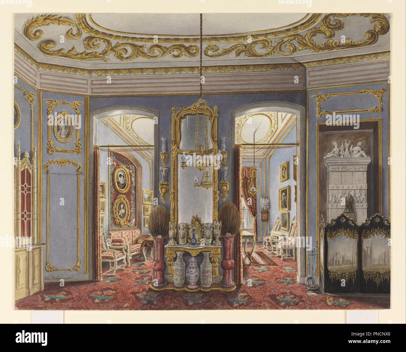 Les appartements de la Reine Élisabeth de Prusse, le château de Charlottenburg, Berlin. Date/période : 1864. Dessin. Pinceau et aquarelle, gouache, peinture or blanc, plus de graphite sur papier vélin blanc épais. Hauteur : 243 mm (9,56 in) ; Largeur : 306 mm (12.04 in). Auteur : Elizabeth Pochhammer. Pochhammer, Elizabeth. Banque D'Images Les appartements de la Reine Élisabeth de Prusse, le château de Charlottenburg, Berlin. Date/période : 1864. Dessin. Pinceau et aquarelle, gouache, peinture or blanc, plus de graphite sur papier vélin blanc épais. Hauteur : 243 mm (9,56 in) ; Largeur : 306 mm (12.04 in). Auteur : Elizabeth Pochhammer. Pochhammer, Elizabeth. Banque D'Images