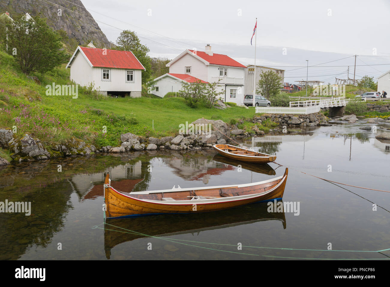 Les bateaux traditionnels en Å i Lofoten, îles Lofoten, Norvège Banque D'Images