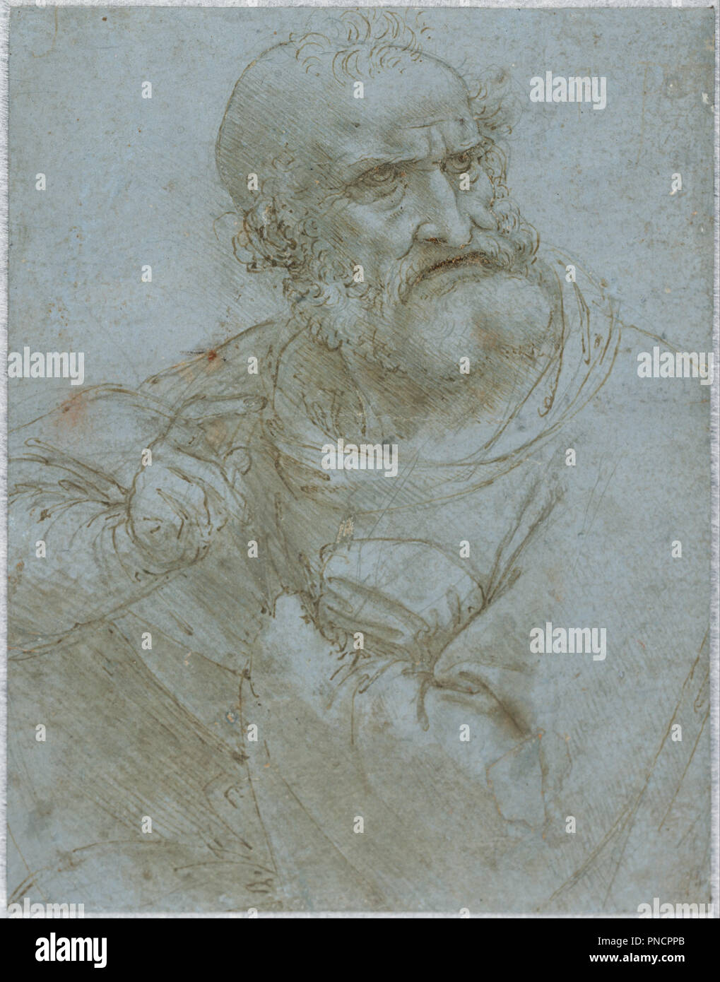 Mi-Figure d'un apôtre, 1493-1495. Date/Période : De 1493 jusqu'à 1595. Silverpoint, plume et encre brune sur papier préparé bleu. Auteur : LÉONARD DE VINCI. Banque D'Images