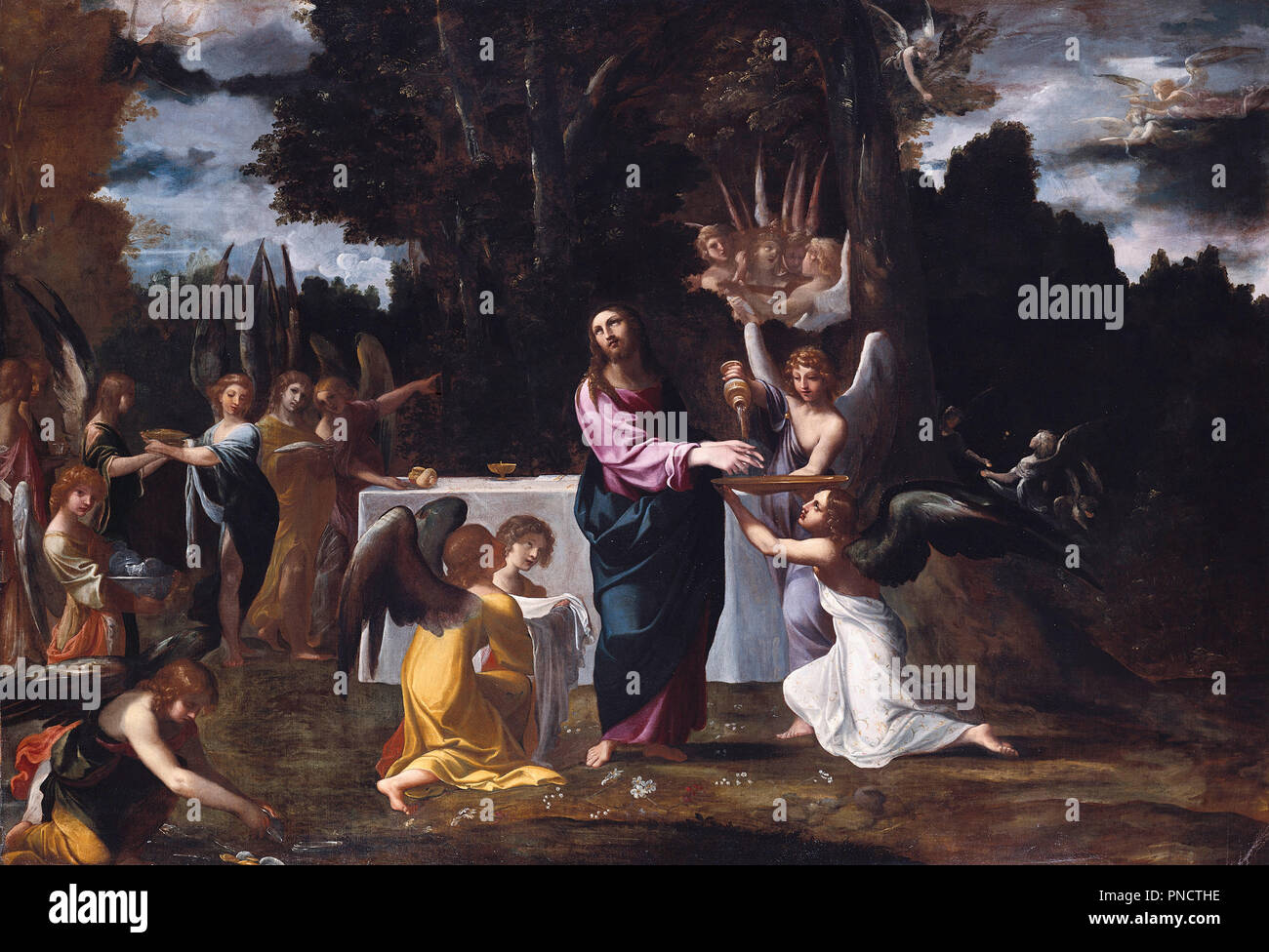 Le Christ dans le désert, servi par des anges. Date/Période : Ca. 1608. La peinture. Huile sur toile. Hauteur : 157,2 cm (61,8 in) ; Largeur : 225,3 cm (88,7 in). Auteur : Ludovico Carracci. Banque D'Images
