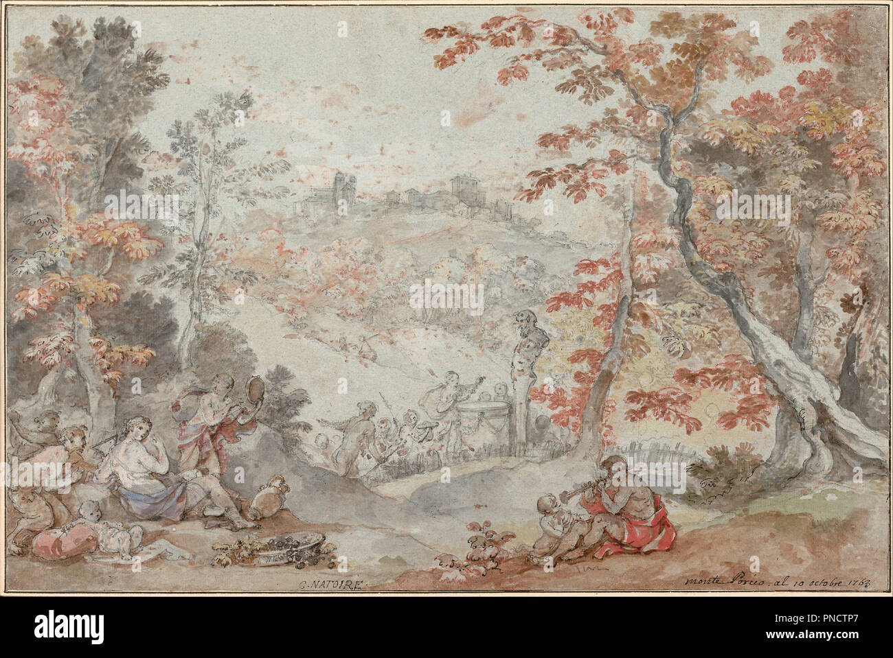 Paysage d'automne italien avec Monte Porzio et une offrande à Pan, 1763. Date/période : 1763. Stylo, bister, noir et rouge de la craie, pinceau, aquarelle, encre-indiennes et bister laver, rehaussée de blanc, sur papier bleuté. Crayon, sanguine, craie noire et encre sur papier. Auteur : Charles-Joseph Natoire. Charles Joseph Natoire. Banque D'Images