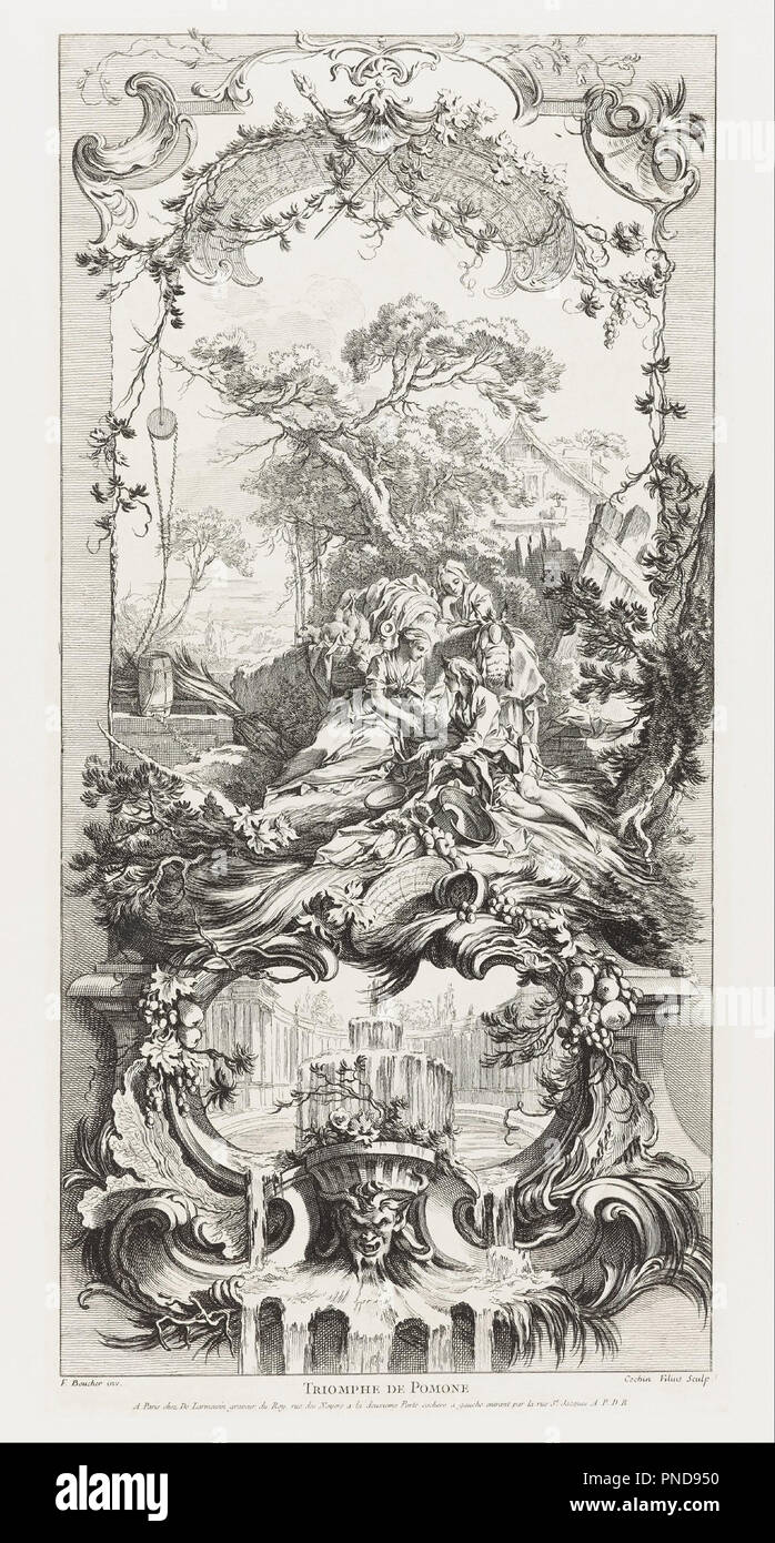 Design d'écran : Triomphe de Pomone [Triomphe de Pomona] de nouveaux morceaux pour des paravents [Nouveaux concepts pour écrans]. Date/période : 1740. L'impression. La gravure sur bois sur papier blanc. Auteur : Charles-Nicolas Cochin le jeune. Banque D'Images