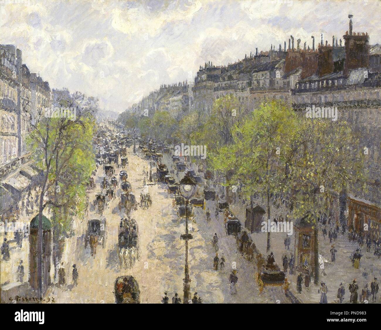 Boulevard Montmartre, printemps. Date/période : 1897. La peinture. Huile sur toile. Hauteur : 650 mm (25,59 po) ; Largeur : 810 mm (31.88 in). Auteur : Camille Pissarro. PISSARRO, Camille. Banque D'Images