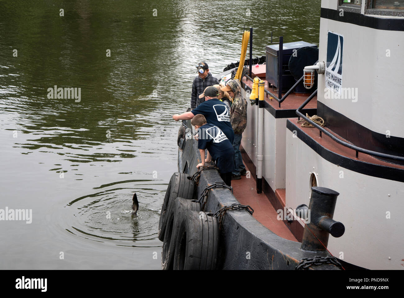 Dans la région de Waterford, New York, l'extrémité est du Canal Érié, les enfants à l'assemblée annuelle de poissons capturés facilement Roundup remorqueur dans le canal. Le 8 septembre, 2018 Banque D'Images