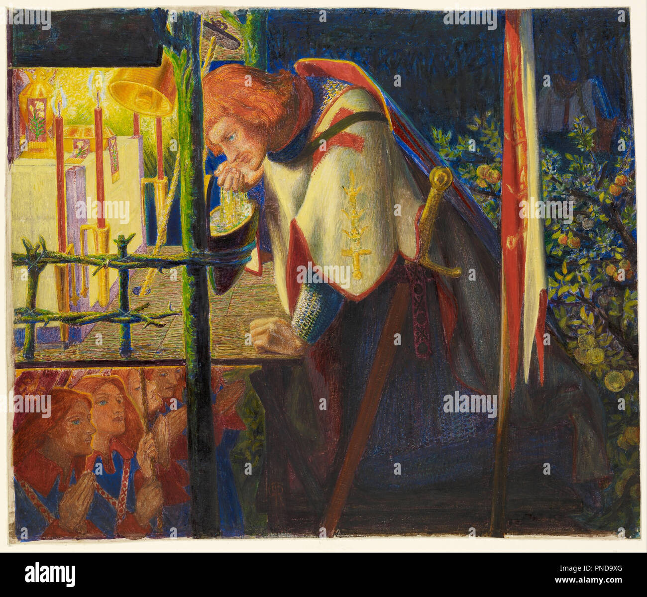 Sir Galahad à la chapelle en ruine. Date/Période : 1857/1859. La peinture. L'aquarelle et la carrosserie avec des zones de gomme arabique sur papier. Largeur : 345 mm. Hauteur : 290 mm. Auteur : Dante Gabriel Rossetti. Banque D'Images