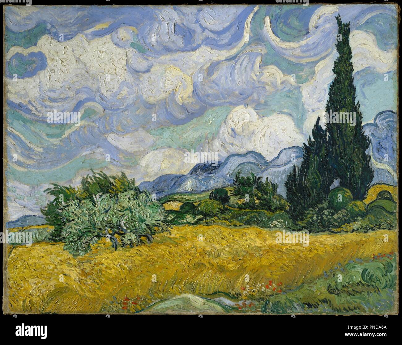 Champ de blé avec cyprès. Artiste : Vincent van Gogh (Néerlandais, Zundert 1853-1890 Auvers-sur-Oise). Dimensions : 28 7/8 × 36 3/4 in. (73,2 × 93,4 cm). Date : 1889. Cyprès gagné du terrain dans l'œuvre de Van Gogh à la fin de juin 1889 lorsqu'il a décidé de consacrer une de ses premières séries de Saint-Rémy à l'immenses arbres. Distinctif pour leur riche impasto, son exubérant sur-le-champ d'études, citons la rencontré's close-up vue verticale de cyprès (49,30) et ce majestueux composition horizontale, qu'il a illustré par reed-pen dessins envoyés à son frère le 2 juillet. Van Gogh considéré le présent travail comme l'un des Banque D'Images