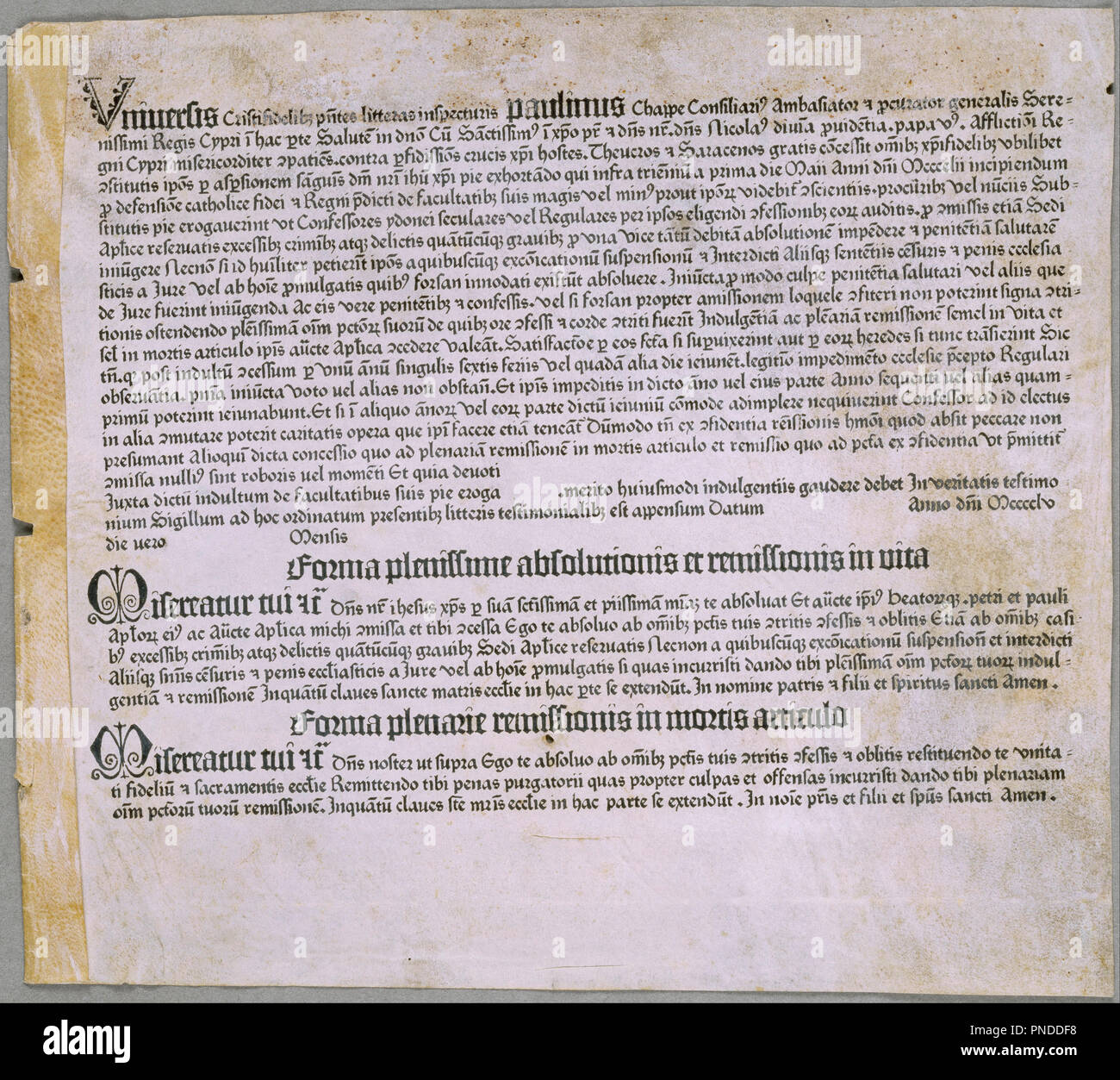 Lettre d'indulgence [pour l'expédition contre les Turcs et la défense de Chypre], [Mayence, Johannes Gutenberg, 1455]. Date/période : 1455. Imprimé. Hauteur : 220 mm (8.66 in) ; Largeur : 160 mm (6,29 in). Banque D'Images