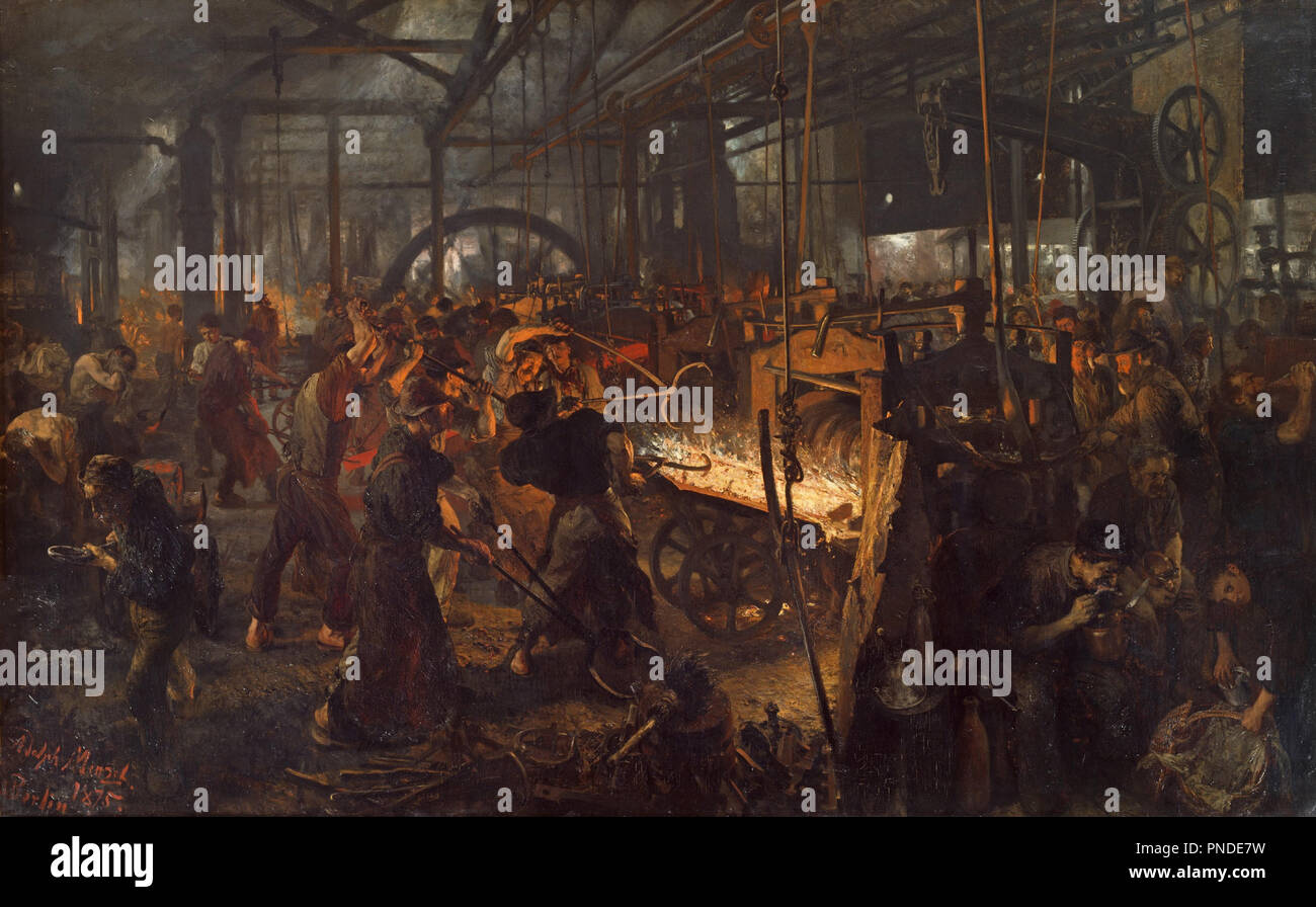 Eisenwalzwerk / le laminoir de fer (Cyclopes modernes). Date/période : 1875. La peinture. Huile sur toile. Hauteur : 158 cm (62,2 in) ; Largeur : 254 cm (100 po). Auteur : ADOLPH VON MENZEL. Menzel, Adolph Friedrich, von. Banque D'Images