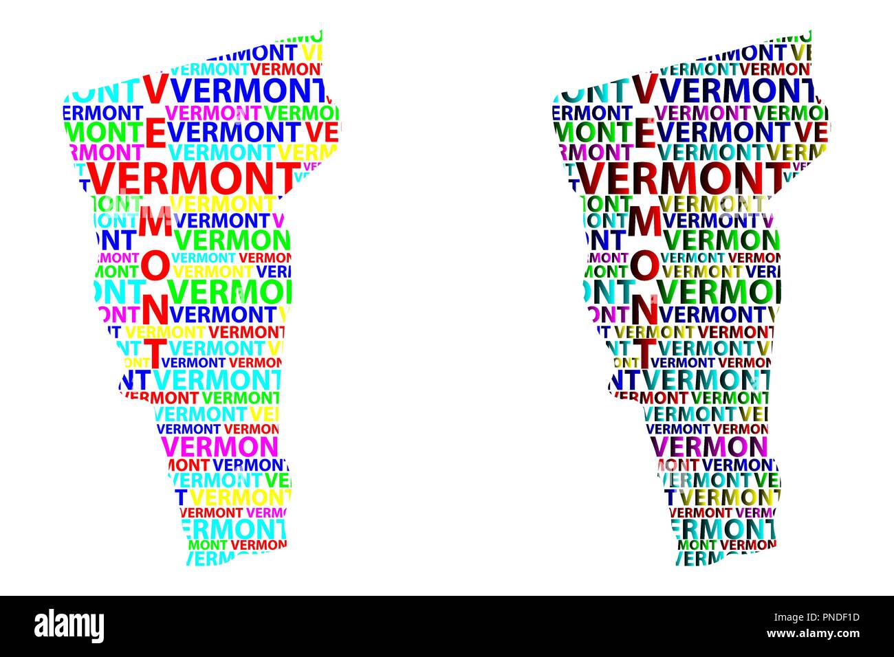 Sketch Vermont (États-Unis d'Amérique) texte de la lettre, carte carte Vermont - sous la forme du continent, la carte Vermont - vector illustration couleur Illustration de Vecteur