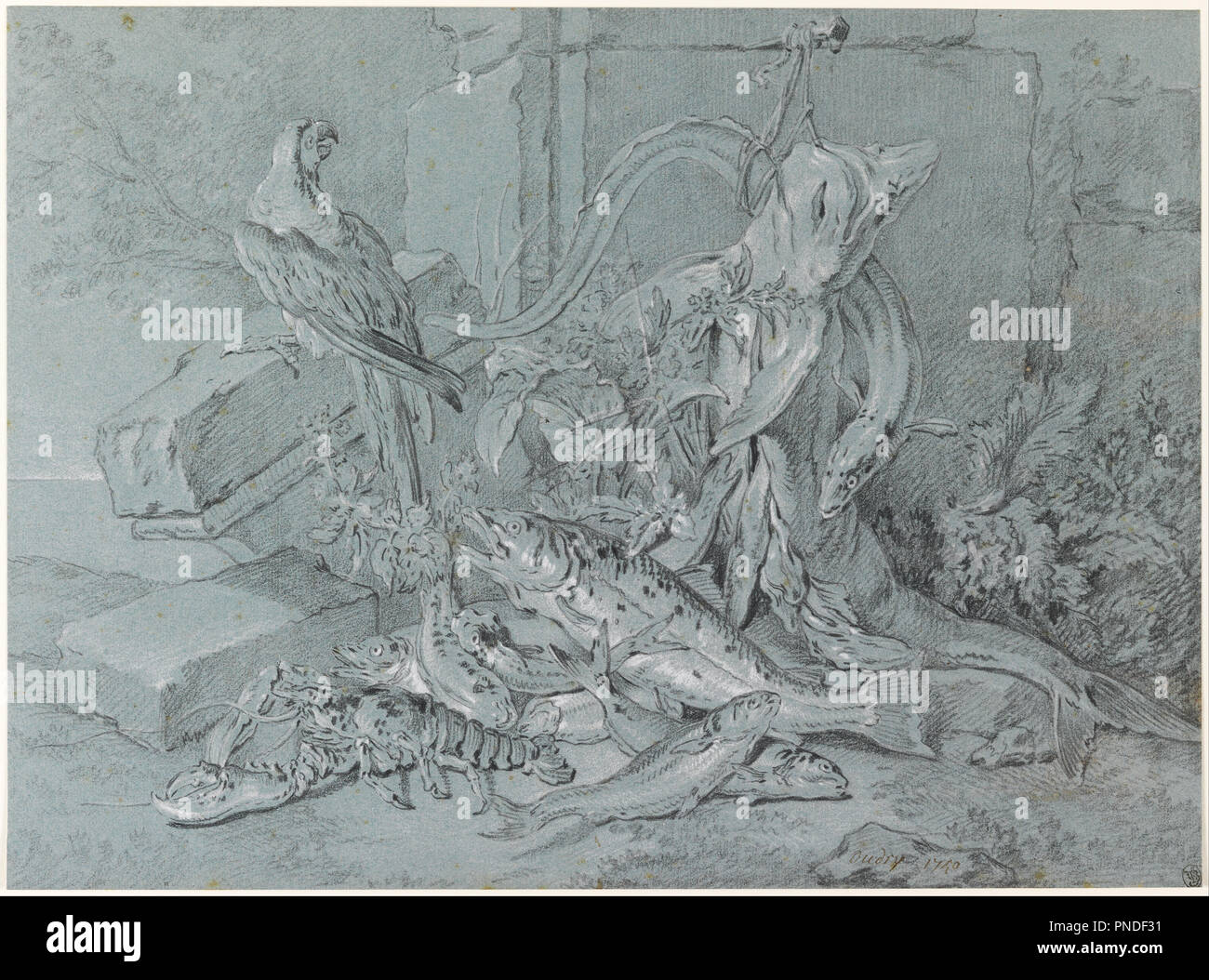 La nature morte avec perroquet et poissons. Date/période : 1740. Dessin. Noir et craie blanche sur papier bleu. Hauteur : 306 mm (12.04 in) ; Largeur : 416 mm (16.37 in). Auteur : Jean-Baptiste Oudry. Banque D'Images La nature morte avec perroquet et poissons. Date/période : 1740. Dessin. Noir et craie blanche sur papier bleu. Hauteur : 306 mm (12.04 in) ; Largeur : 416 mm (16.37 in). Auteur : Jean-Baptiste Oudry. Banque D'Images