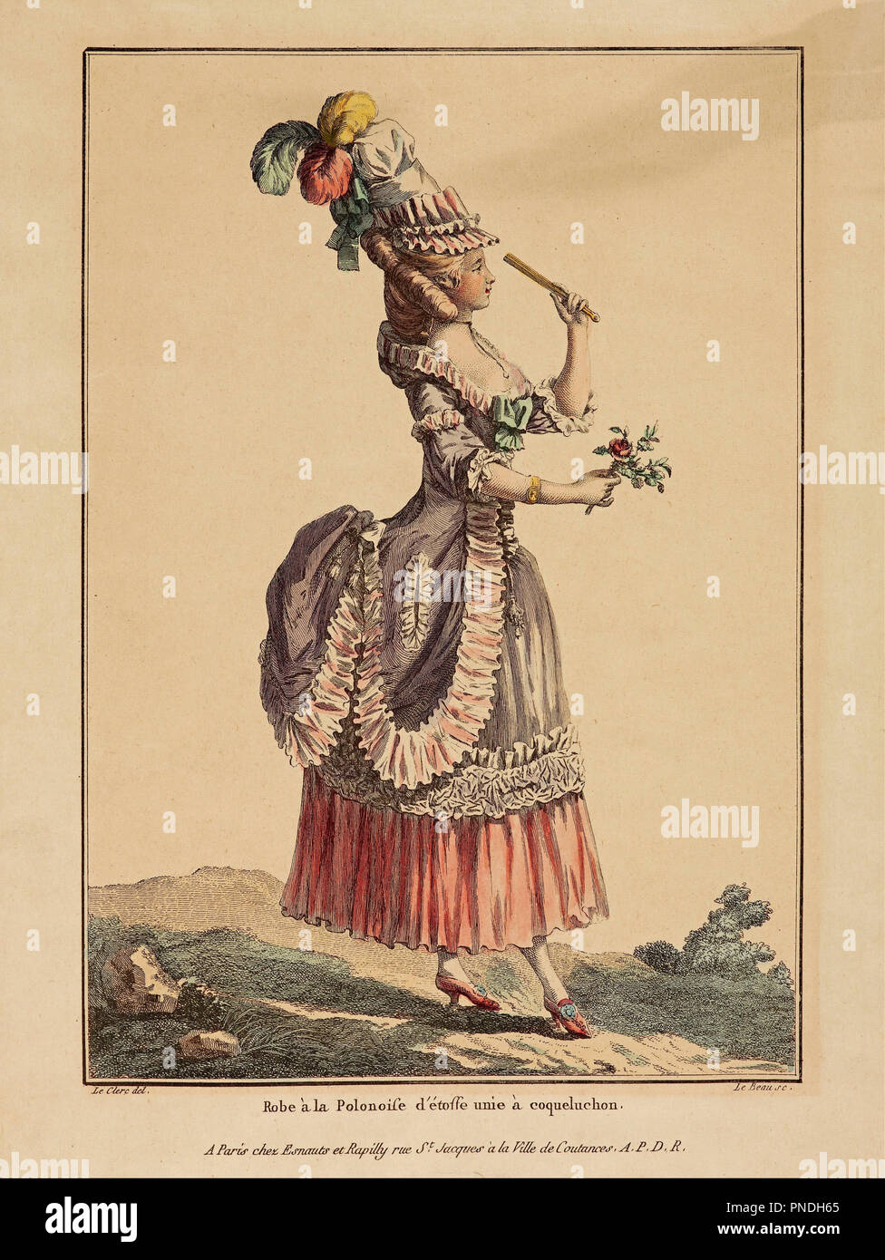 Gravure couleur d'impression ; - une robe Poloniose d'etoffe unie un coqueluchon. Date/période : 1778. Peintures, estampes et dessins. Auteur : Dupin. LE CLERC. La Gallerie des modes. LE CLERC, PIERRE THOMAS. Banque D'Images