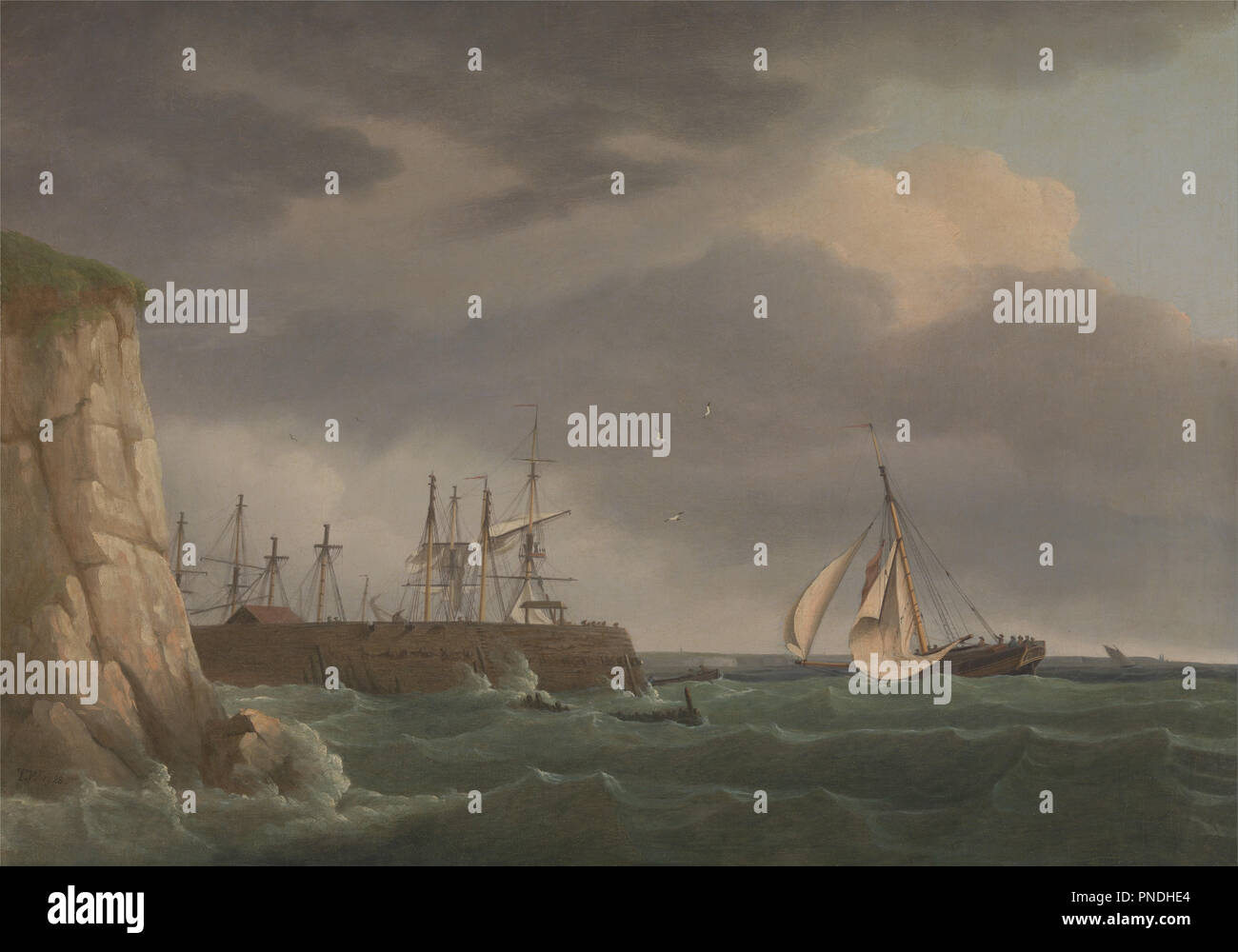 Un navire fonctionnant dans le port avec d'autres embarcations à une jetée. Date/période : 1788. La peinture. Huile sur toile. Hauteur : 432 mm (17 in) ; Largeur : 622 mm (24.48 in). Auteur : Thomas Whitcombe. Banque D'Images