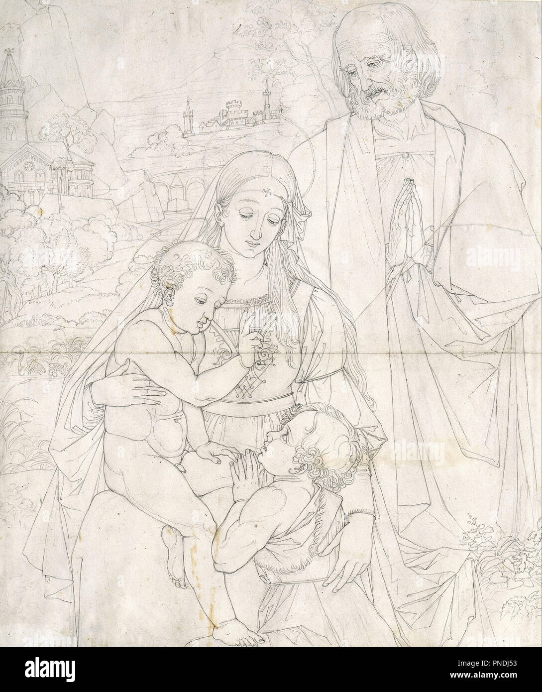 Sainte Famille avec Jean le Baptiste comme un garçon. Date/période : 1816. Crayon, plume et encre noire, sur carton jaune. Bleistift und Feder dans gelblichem, Schwarz auf Karton. Hauteur : 492 mm (19.37 in) ; Largeur : 420 mm (16.53 in). Auteur : PETER VON CORNELIUS. Banque D'Images