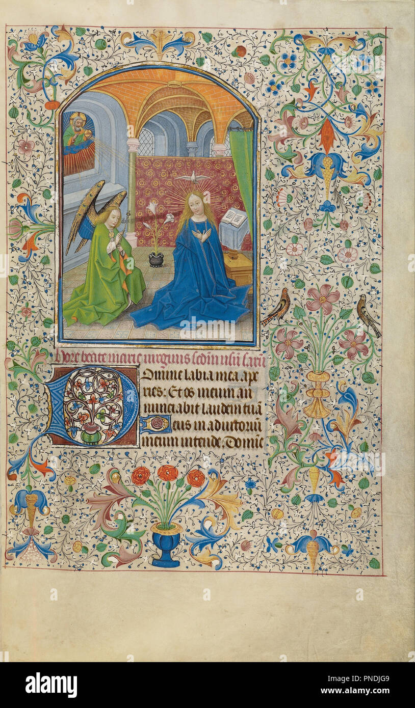 L'Annonciation. Date/Période : début des 1460s. Folio. Température de couleurs, la feuille d'or, et de l'encre sur parchemin. Hauteur : 256 mm (10.07 in) ; Largeur : 173 mm (6.81 in). Auteur : Willem Vrelant. Banque D'Images