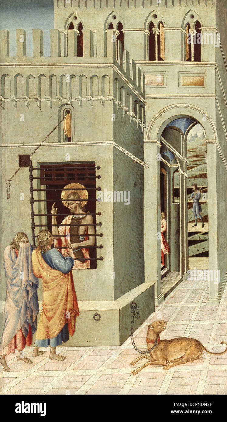 Saint Jean le Baptiste en prison la visite de deux disciples. Date/Période : 1455/60. La peinture. Tempera sur panneau tempera sur panneau. Hauteur : 683 mm (26.88 in) ; Largeur : 400 mm (15.74 in). Auteur : Giovanni DI PAOLO. Banque D'Images Saint Jean le Baptiste en prison la visite de deux disciples. Date/Période : 1455/60. La peinture. Tempera sur panneau tempera sur panneau. Hauteur : 683 mm (26.88 in) ; Largeur : 400 mm (15.74 in). Auteur : Giovanni DI PAOLO. Banque D'Images