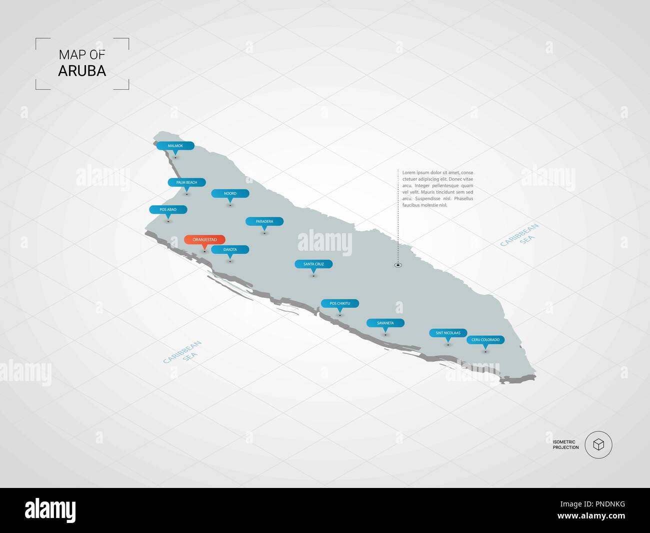 3D isométrique Aruba carte. Carte vectorielle illustration stylisée avec les villes, les frontières, les capitaux, les divisions administratives et marques ; pointeur backgrou gradient Illustration de Vecteur