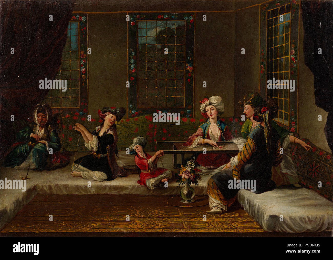 Les femmes brodent. Date/Période : première moitié du 18e siècle. La peinture. Huile sur toile. Hauteur : 440 mm (17.32 in) ; Largeur : 620 mm (24.40 in). Auteur : l'Vanmour School. Vanmour (Van Mour), Jean-Baptiste. Banque D'Images