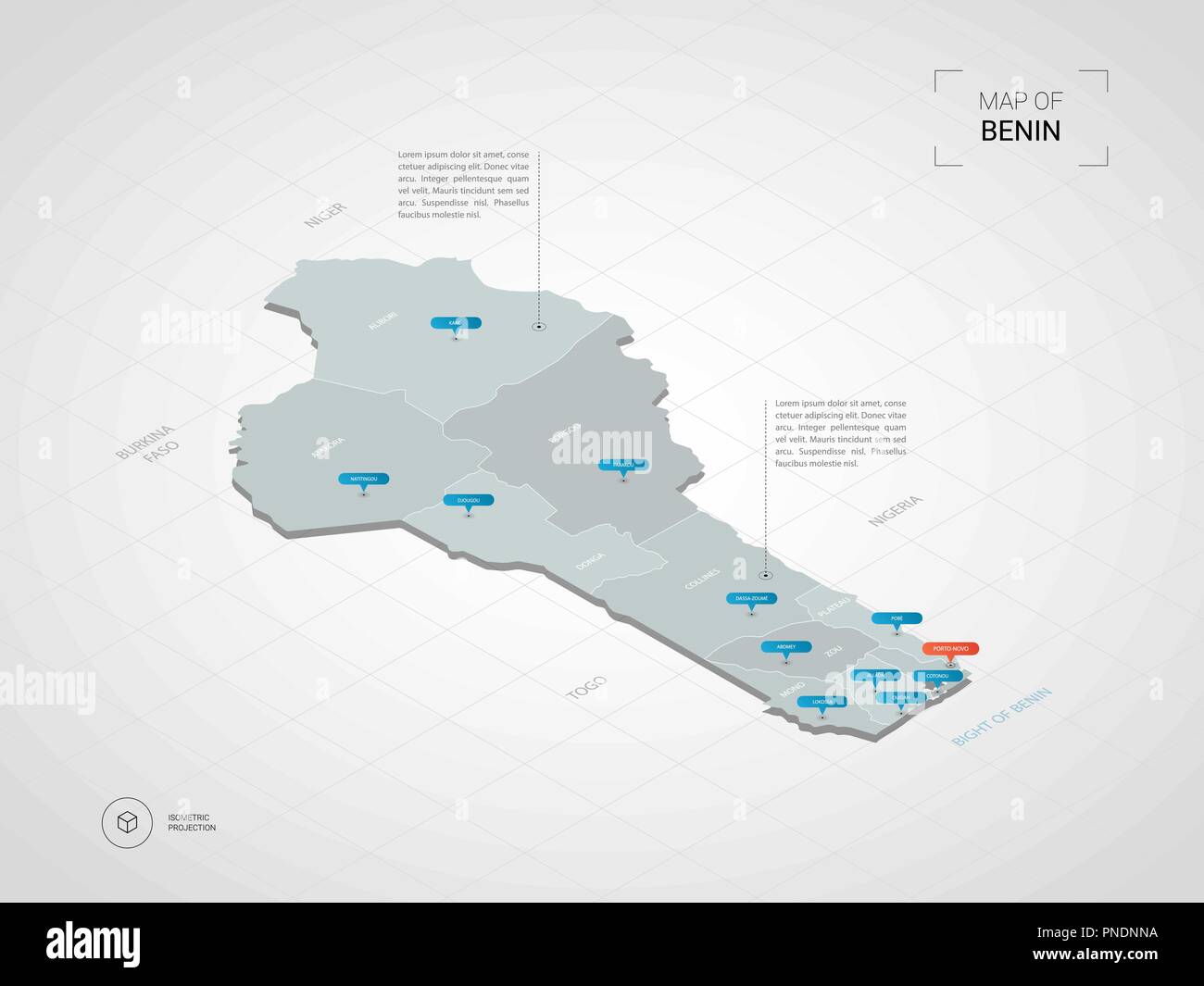 3D isométrique du Bénin. Carte vectorielle illustration stylisée avec les villes, les frontières, les capitaux, les divisions administratives et marques ; pointeur backgrou gradient Illustration de Vecteur