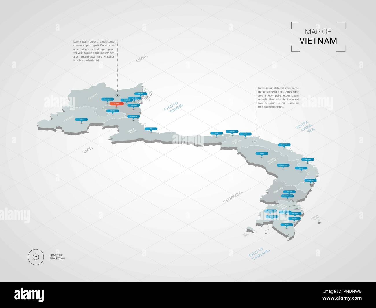 3D isométrique carte du Vietnam. Carte vectorielle illustration stylisée avec les villes, les frontières, les capitaux, les divisions administratives et pointeur marques ; zone de gradient Illustration de Vecteur